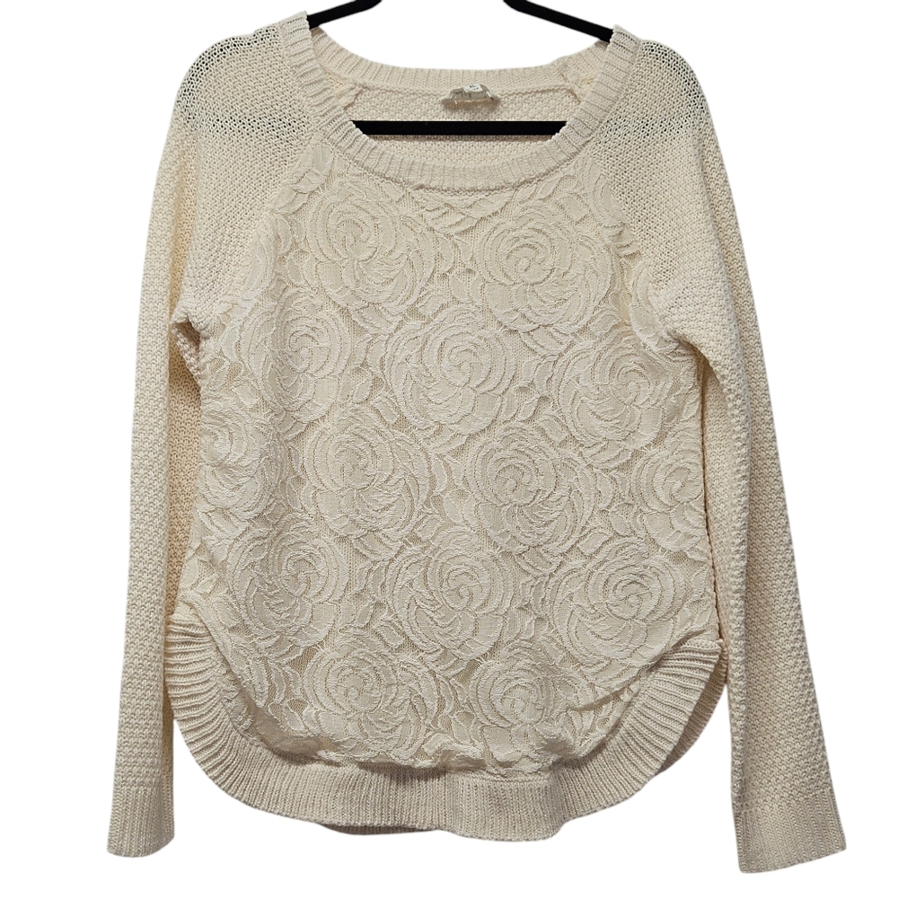 Cloud Chaser Rose Lace Sweater XL Cream Raglan Sleeves Ribbed Rounded Hem Boho